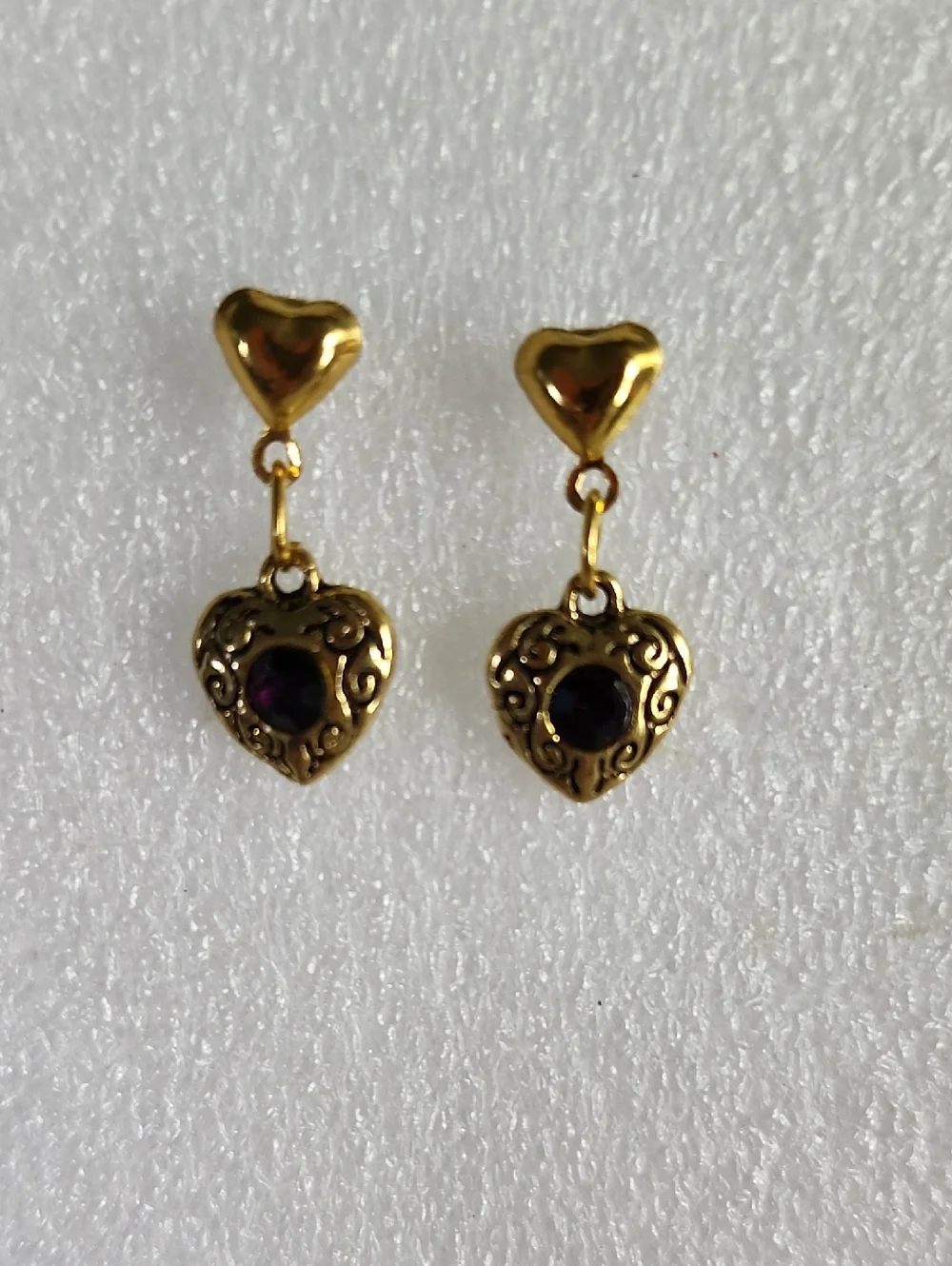 Hand Crafted Gold Heart Drop Earrings with Purple Stone